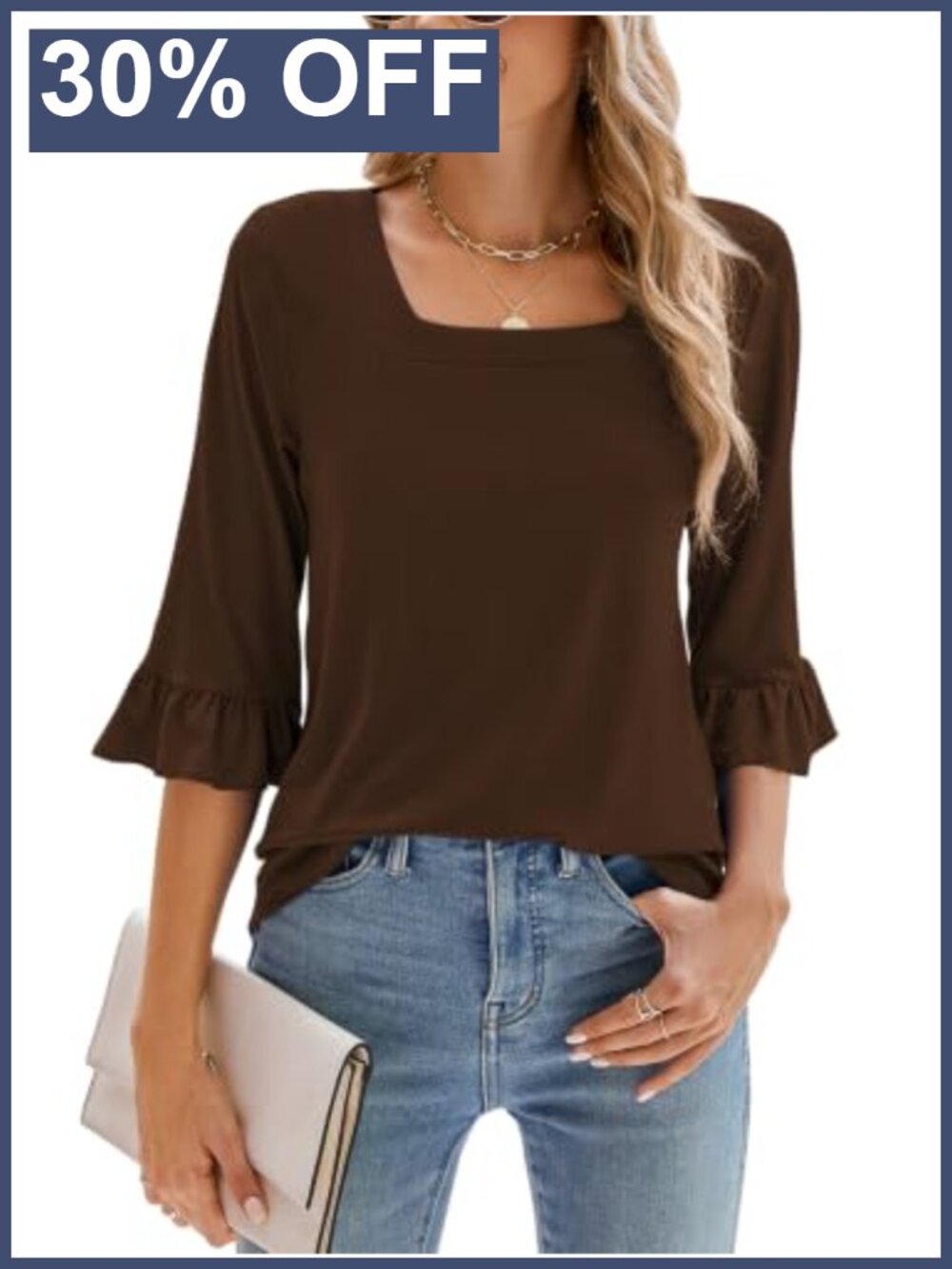 Womens 3/4 Sleeve Square Neck Ruffle Tunic Blouse Loose Fit Casual Top